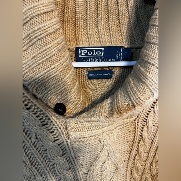 Polo Ralph Lauren Vintage 90s Lambswool Button Shawl Cable Knit Preppy Sweater L - Picture 2 of 2